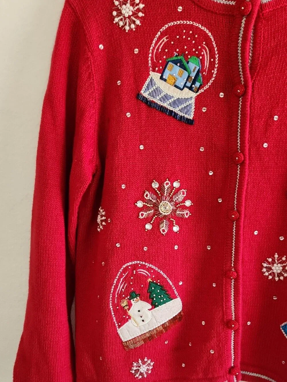 Vintage All Points Ramie Cotton Beaded Snow Globe Christmas Cardigan Medium